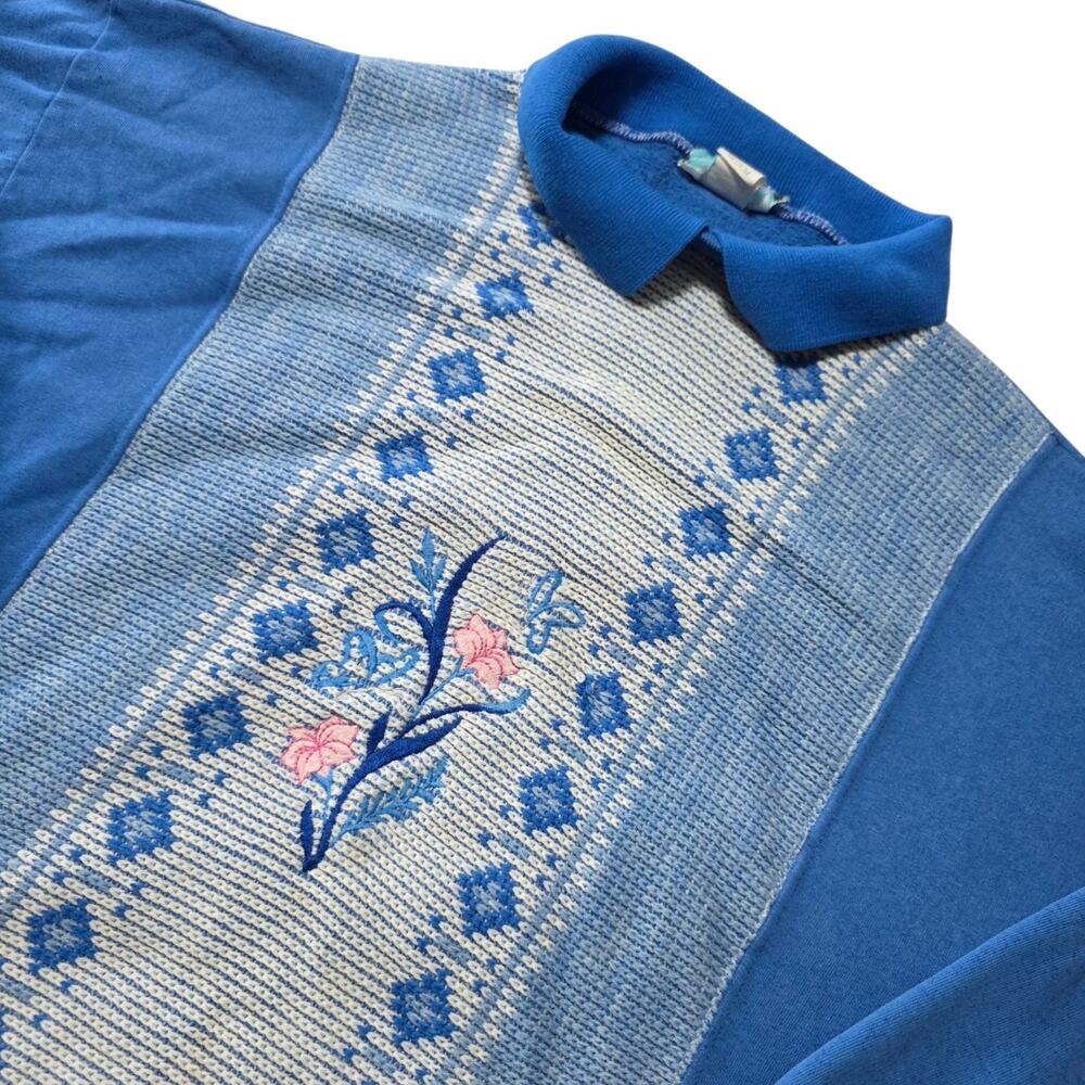 Vintage Great Lakes Apparel Sweatshirt M Blue Floral Knit USA Made 80s 90s